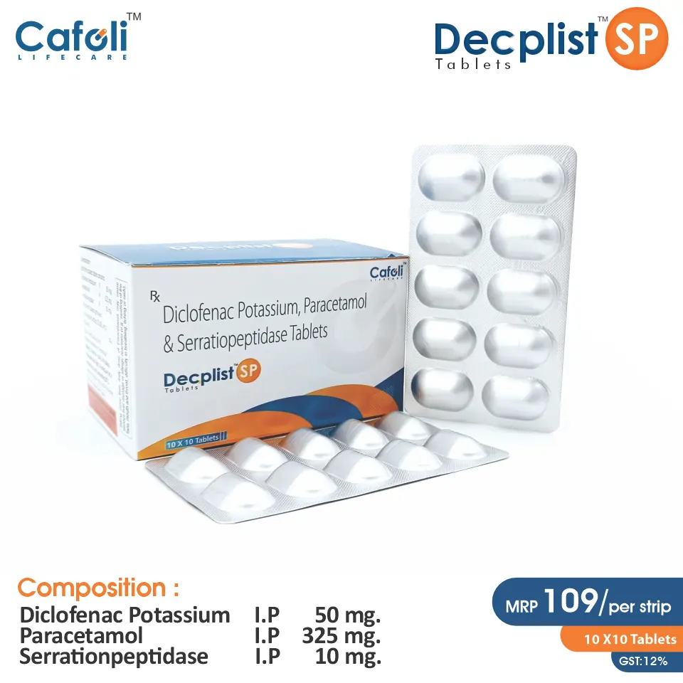 Diclofenac 50mg + Paracetamol 325mg + Serratiopeptidase 10mg Tablet at Best Price in PCD Pharma Franchise for NSAID and Pain Relief.